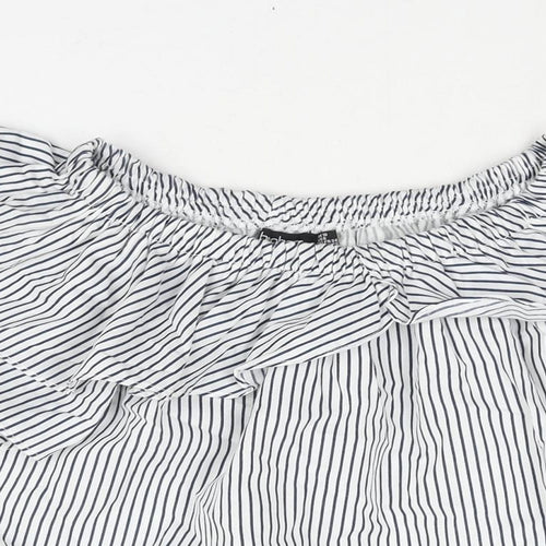Boohoo Womens Blue Striped Polyester Basic Blouse Size 10 Boat Neck - Layered Frill