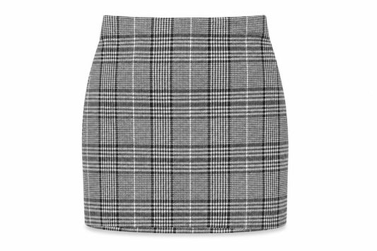 Front view of Divided by H&M women’s black check polyester mini skirt, size S, - elasticated waist