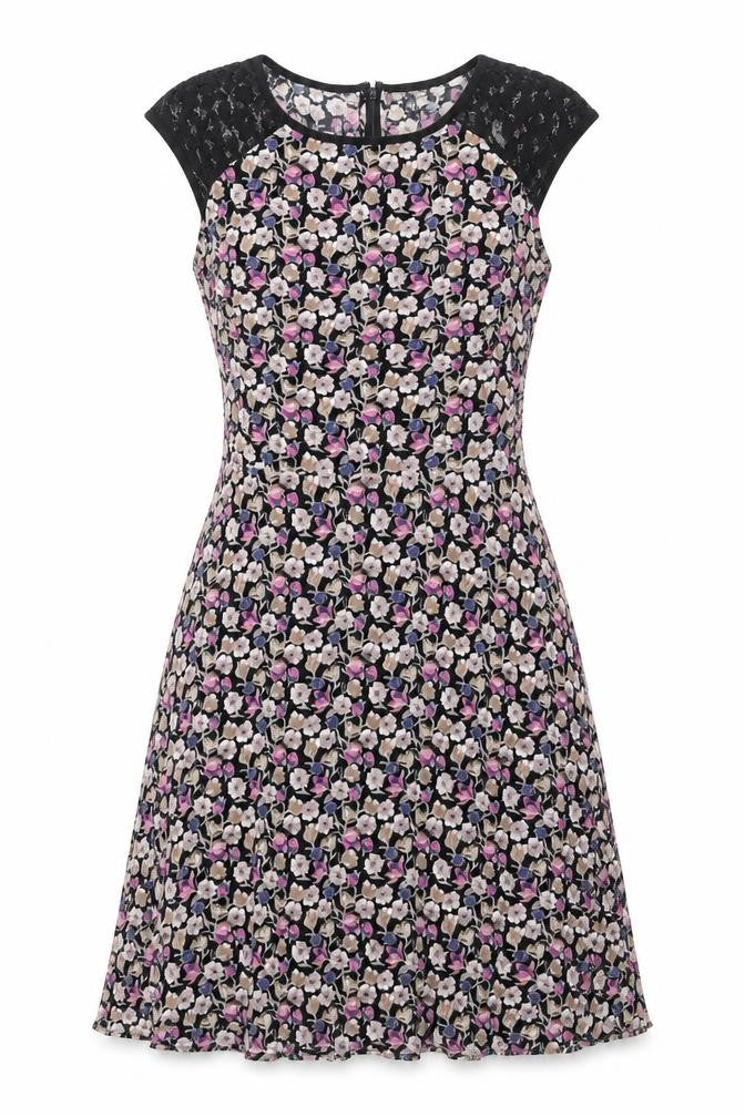 Warehouse Womens Multicoloured Floral Viscose Shift Size 12 Round Neck Zip - Lace Sleeve
