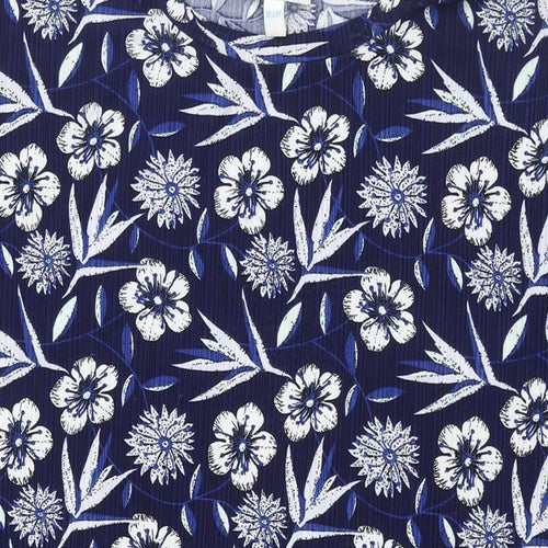 Blue Vanilla Womens Blue Floral Polyester Basic Blouse Size S Round Neck - Rouched Size S-M