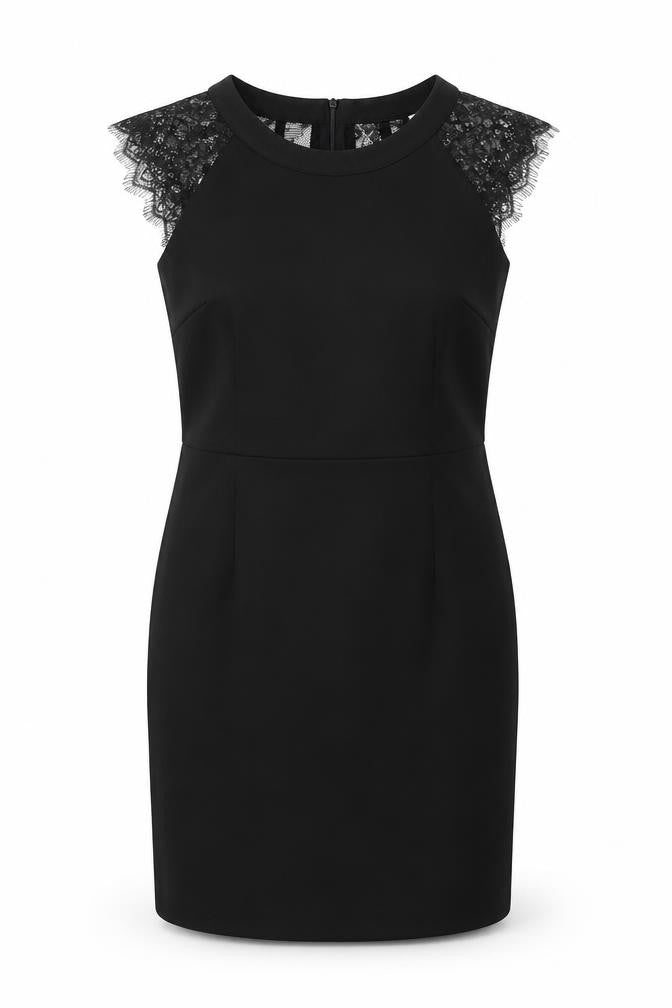 Front view of La Redoute women’s black polyester shift, size UK 12, round neck zip - lace back