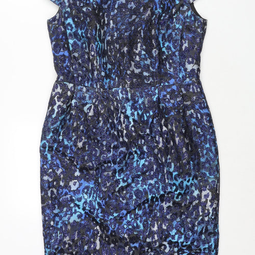 Precis Womens Blue Polyester Shift Size 12 Round Neck Zip - Leopard Print