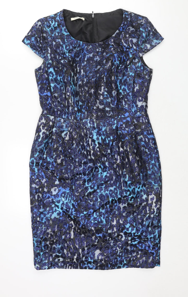 Precis Womens Blue Polyester Shift Size 12 Round Neck Zip - Leopard Print