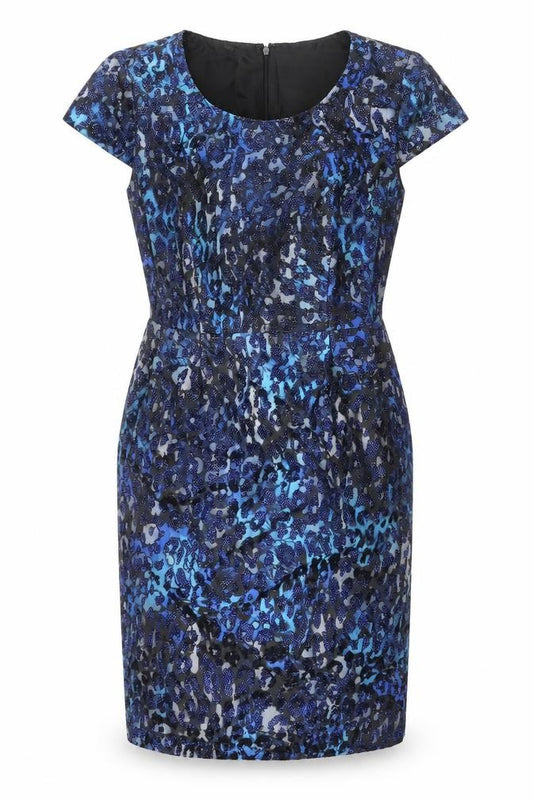 Front view of Precis women’s blue polyester shift, size UK 12, round neck zip - leopard print