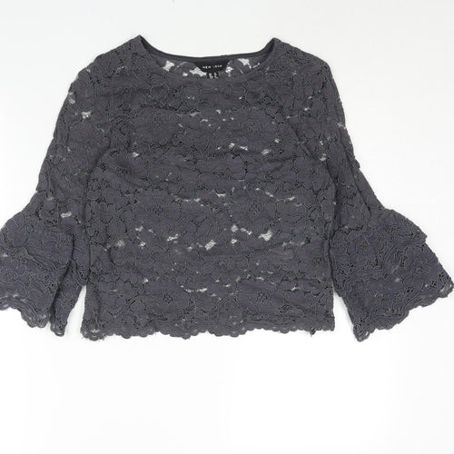 New Look Womens Grey Polyester Basic Blouse Size 12 Round Neck - Bell Sleeve