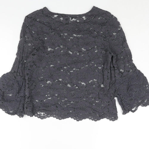 New Look Womens Grey Polyester Basic Blouse Size 12 Round Neck - Bell Sleeve