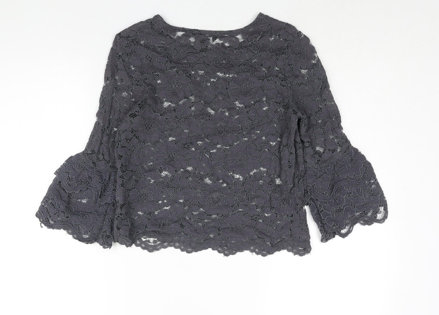 New Look Womens Grey Polyester Basic Blouse Size 12 Round Neck - Bell Sleeve