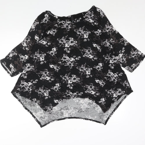 Arcadia Womens Black Floral Viscose Basic Blouse Size 20 Round Neck - Asymmetric Hem