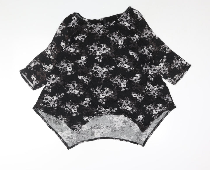 Arcadia Womens Black Floral Viscose Basic Blouse Size 20 Round Neck - Asymmetric Hem