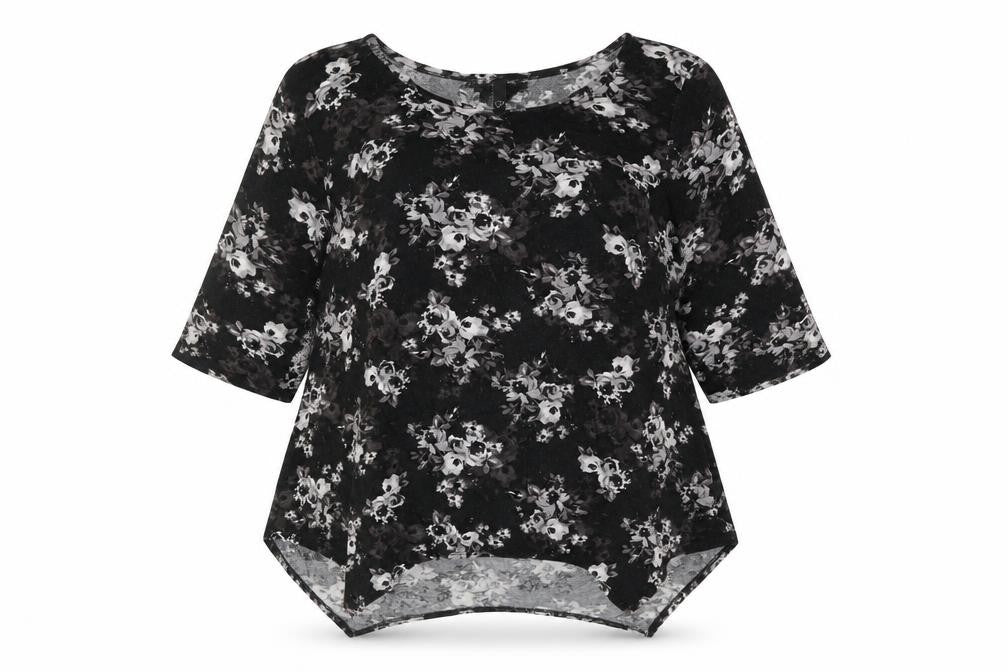 Front view of Arcadia women’s black floral viscose basic blouse, size UK 20, round neck - asymmetric hem