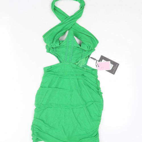 PRETTYLITTLETHING Womens Green Polyester Mini Size 6 Halter Zip - Rouched Corset Bodice Cut Out