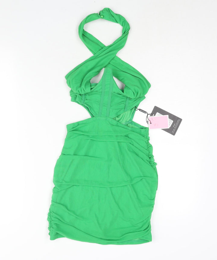 PRETTYLITTLETHING Womens Green Polyester Mini Size 6 Halter Zip - Rouched Corset Bodice Cut Out