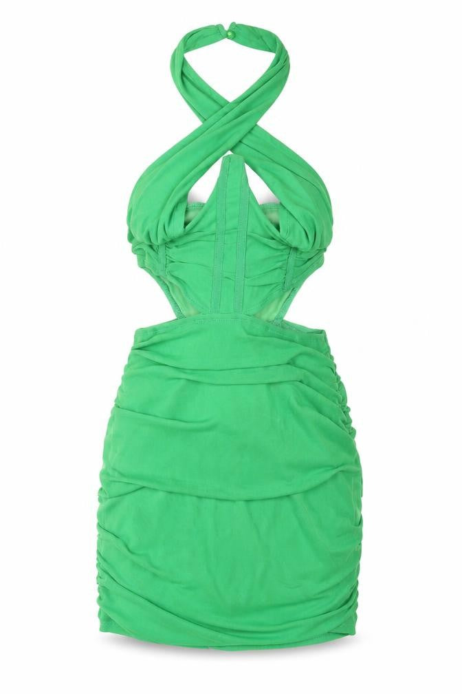 Front view of PRETTYLITTLETHING women’s green polyester mini, size UK 6, halter zip - rouched corset bodice cut out