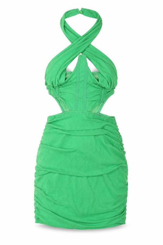 Front view of PRETTYLITTLETHING women’s green polyester mini, size UK 6, halter zip - rouched corset bodice cut out