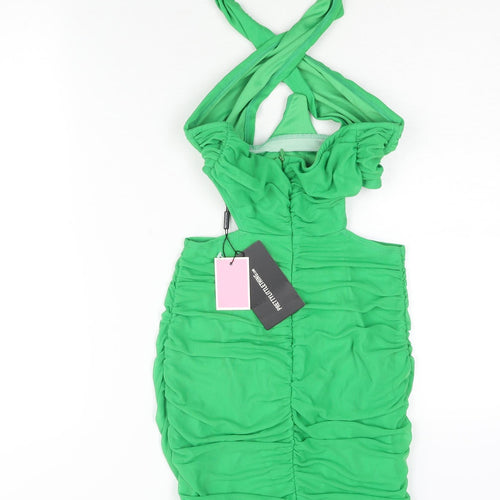 PRETTYLITTLETHING Womens Green Polyester Mini Size 6 Halter Zip - Rouched Corset Bodice Cut Out