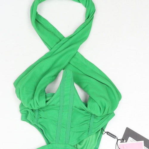 PRETTYLITTLETHING Womens Green Polyester Mini Size 6 Halter Zip - Rouched Corset Bodice Cut Out