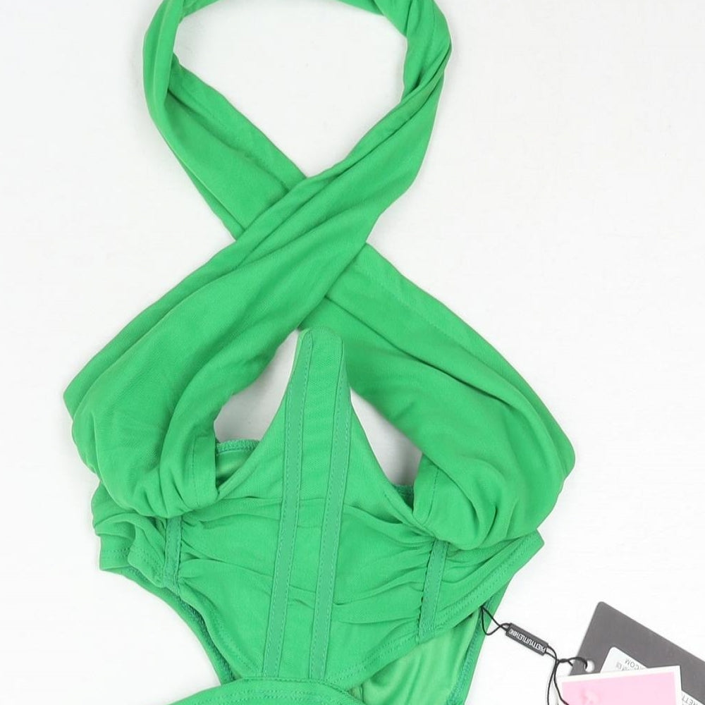 PRETTYLITTLETHING Womens Green Polyester Mini Size 6 Halter Zip - Rouched Corset Bodice Cut Out