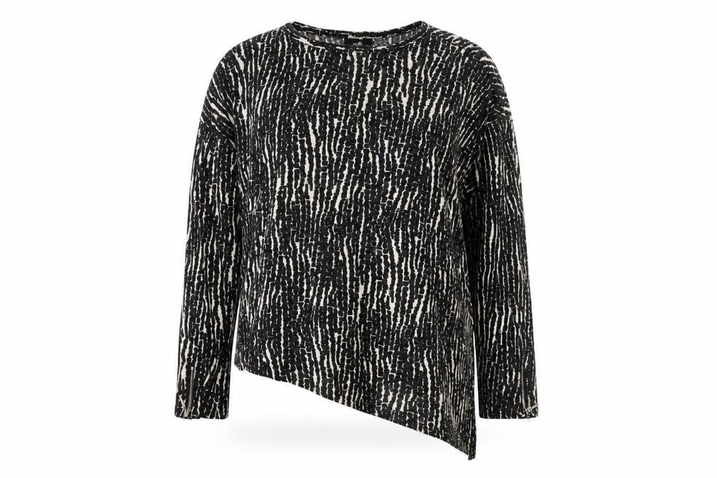 Front view of Wallis women’s black round neck geometric polyester jumper, size L, - zip cuffs asymmetric hem