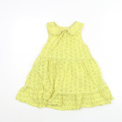 NEXT Girls Yellow Cotton A-Line Size 5-6 Years Collared Button - Smocked