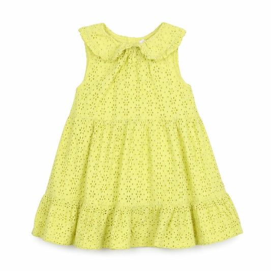 Front view of Next girls’ yellow cotton a-line, size 5-6, years collared button - smocked