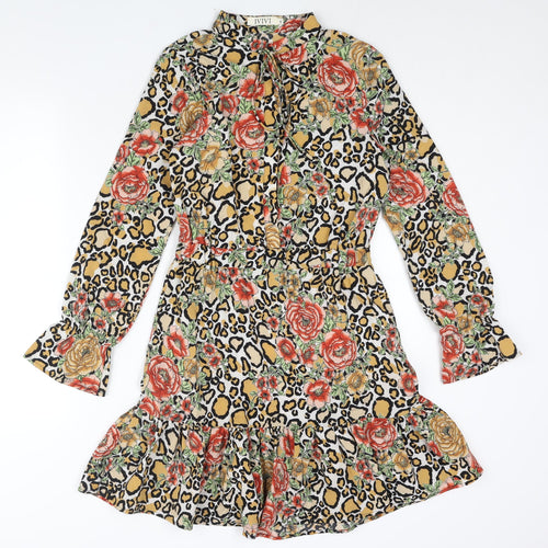 IVIVI Womens Multicoloured Geometric Polyester Shift Size S Round Neck Button - Frill Tie Floral Leopard Print
