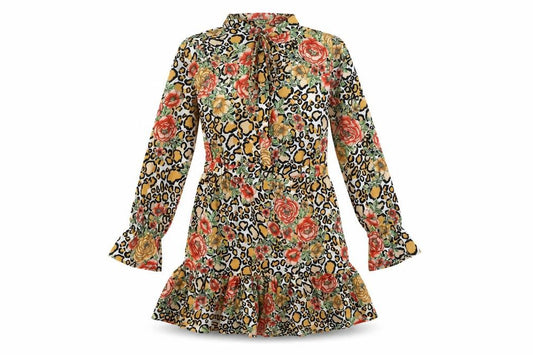 Front view of IVIVI women’s multicoloured geometric polyester shift, round neck button - frill tie floral leopard print
