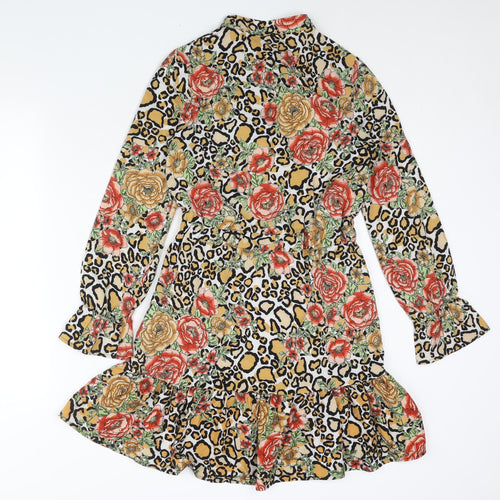 IVIVI Womens Multicoloured Geometric Polyester Shift Size S Round Neck Button - Frill Tie Floral Leopard Print