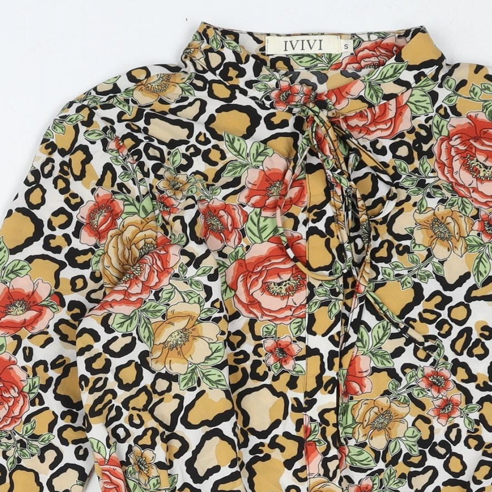 IVIVI Womens Multicoloured Geometric Polyester Shift Size S Round Neck Button - Frill Tie Floral Leopard Print