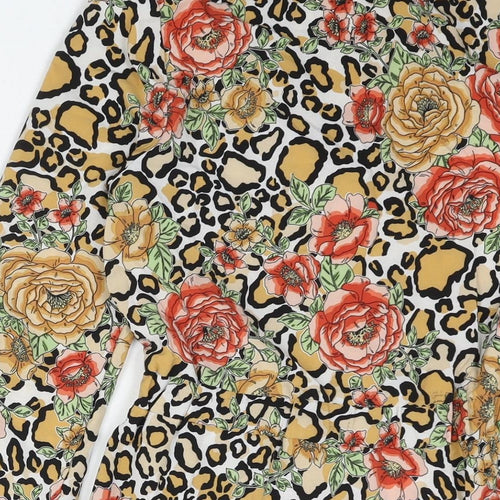 IVIVI Womens Multicoloured Geometric Polyester Shift Size S Round Neck Button - Frill Tie Floral Leopard Print