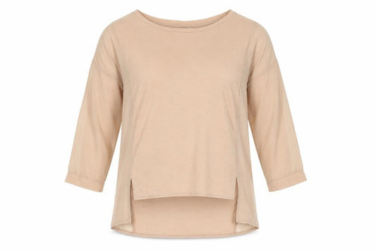 Front view of Vero Moda women’s beige polyester basic blouse, size XS, round neck - semi sheer panel