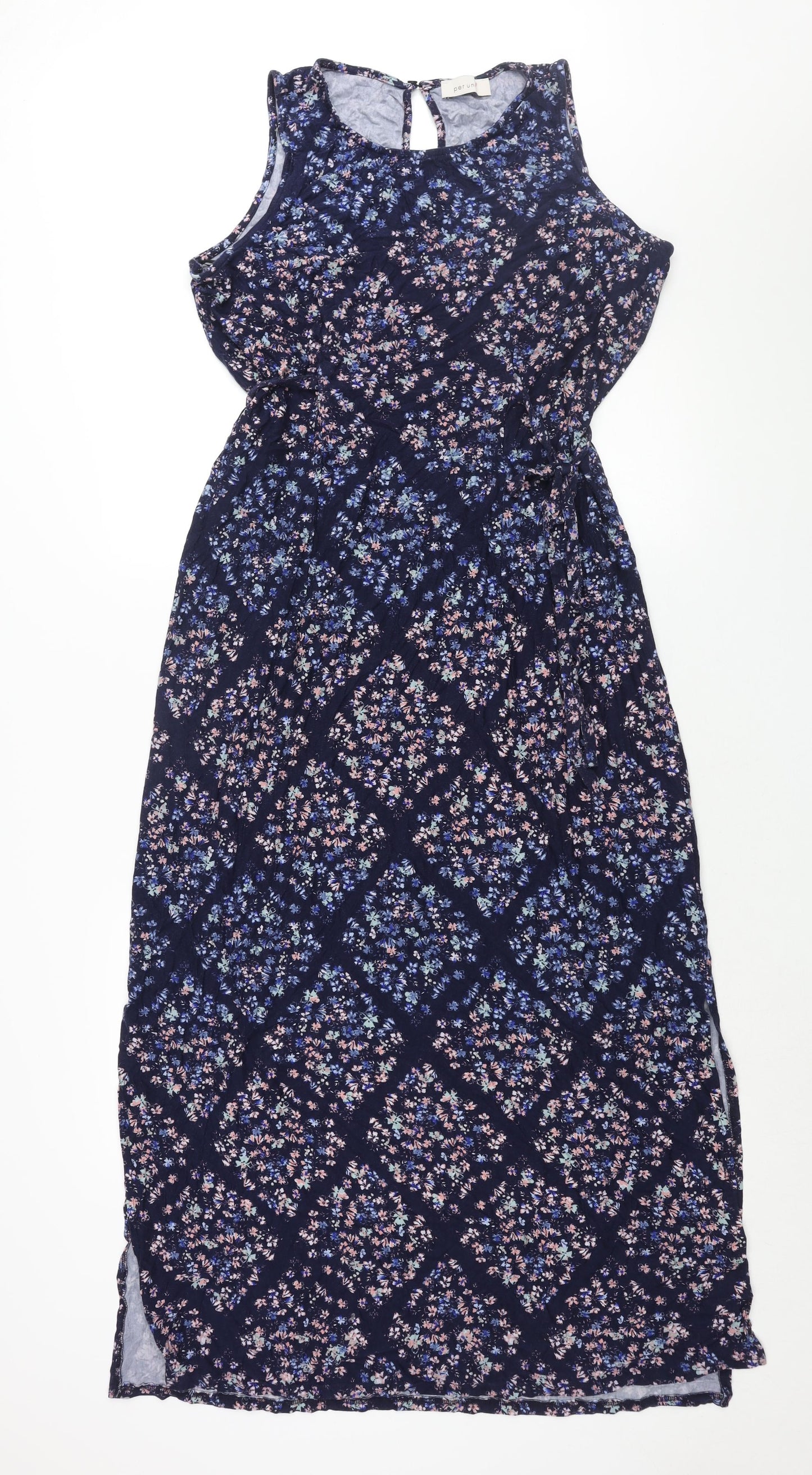 Per Una Womens Blue Floral Viscose Maxi Size 18 Round Neck Button - Side Slits Tie Detail