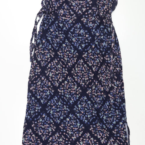 Per Una Womens Blue Floral Viscose Maxi Size 18 Round Neck Button - Side Slits Tie Detail