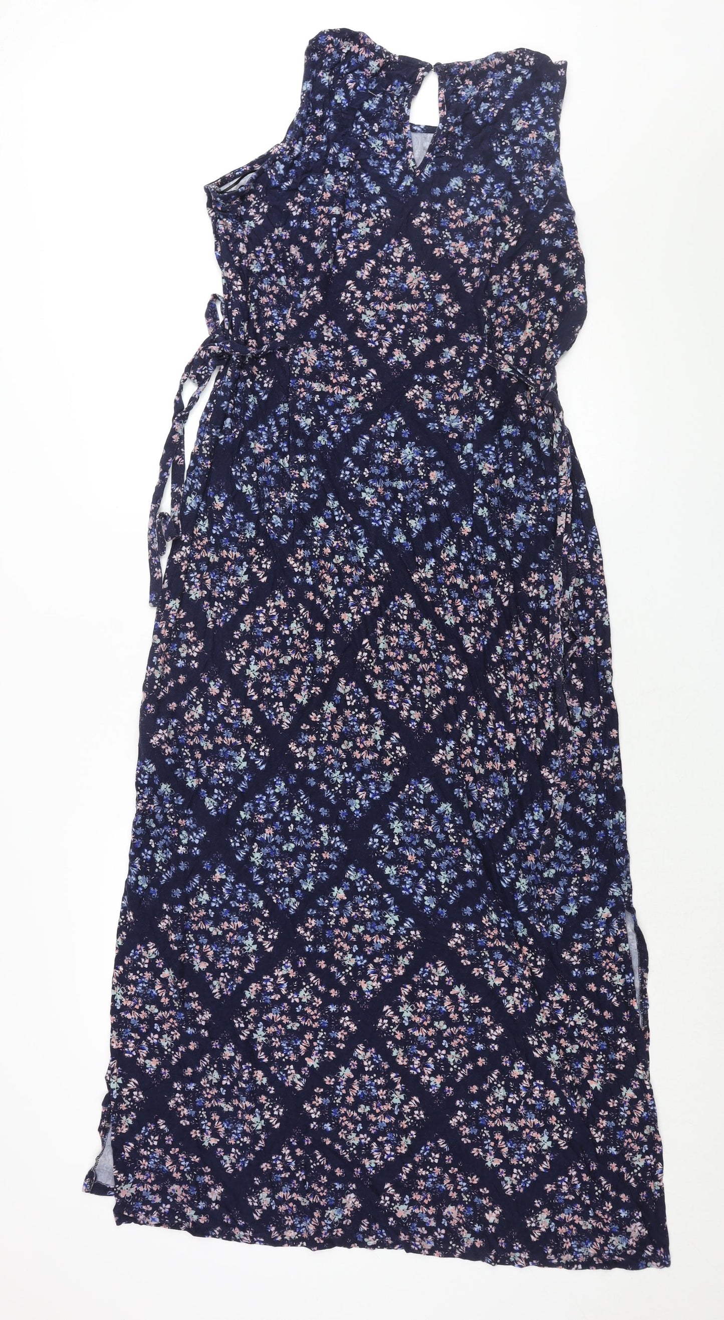 Per Una Womens Blue Floral Viscose Maxi Size 18 Round Neck Button - Side Slits Tie Detail