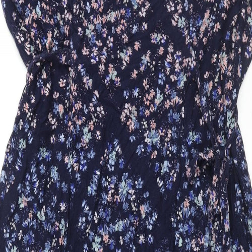 Per Una Womens Blue Floral Viscose Maxi Size 18 Round Neck Button - Side Slits Tie Detail