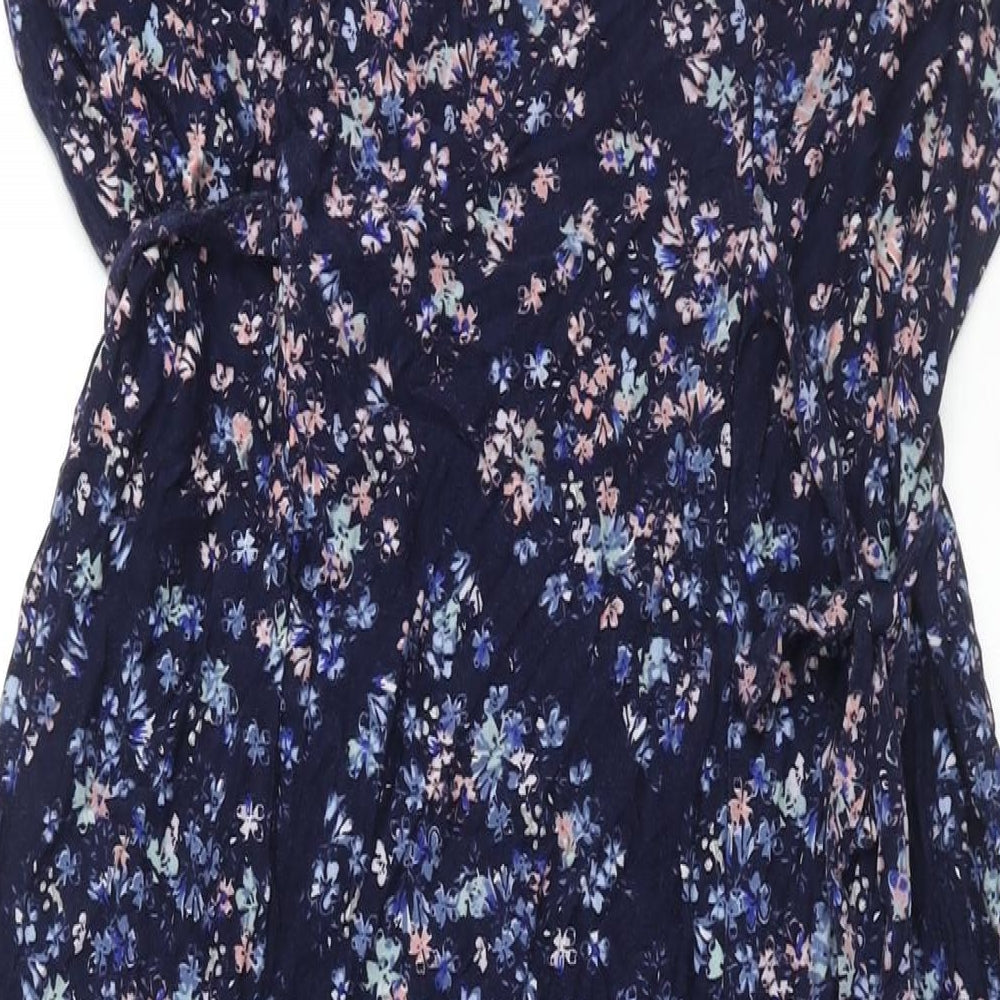 Per Una Womens Blue Floral Viscose Maxi Size 18 Round Neck Button - Side Slits Tie Detail