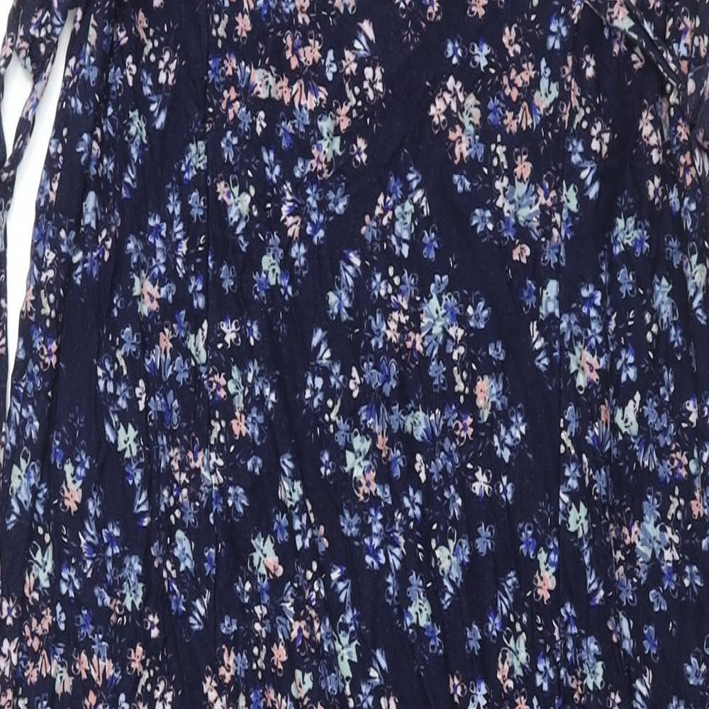 Per Una Womens Blue Floral Viscose Maxi Size 18 Round Neck Button - Side Slits Tie Detail