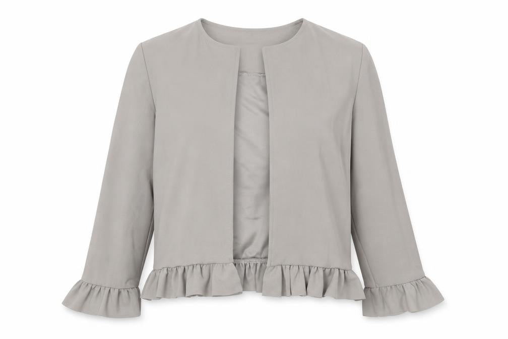 Front view of New Look women’s grey jacket, size UK 10, - frill