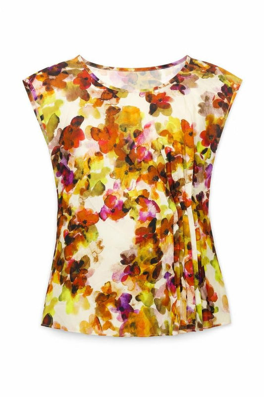 Front view of Kaliko women’s multicoloured floral polyester camisole blouse, size UK 8, round neck - pleat detail