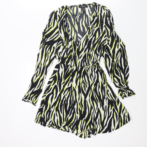 New Look Womens Black Animal Print Viscose Wrap Dress Size 8 V-Neck Tie - Tiger Print