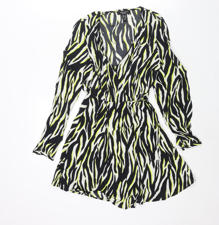 New Look Womens Black Animal Print Viscose Wrap Dress Size 8 V-Neck Tie - Tiger Print