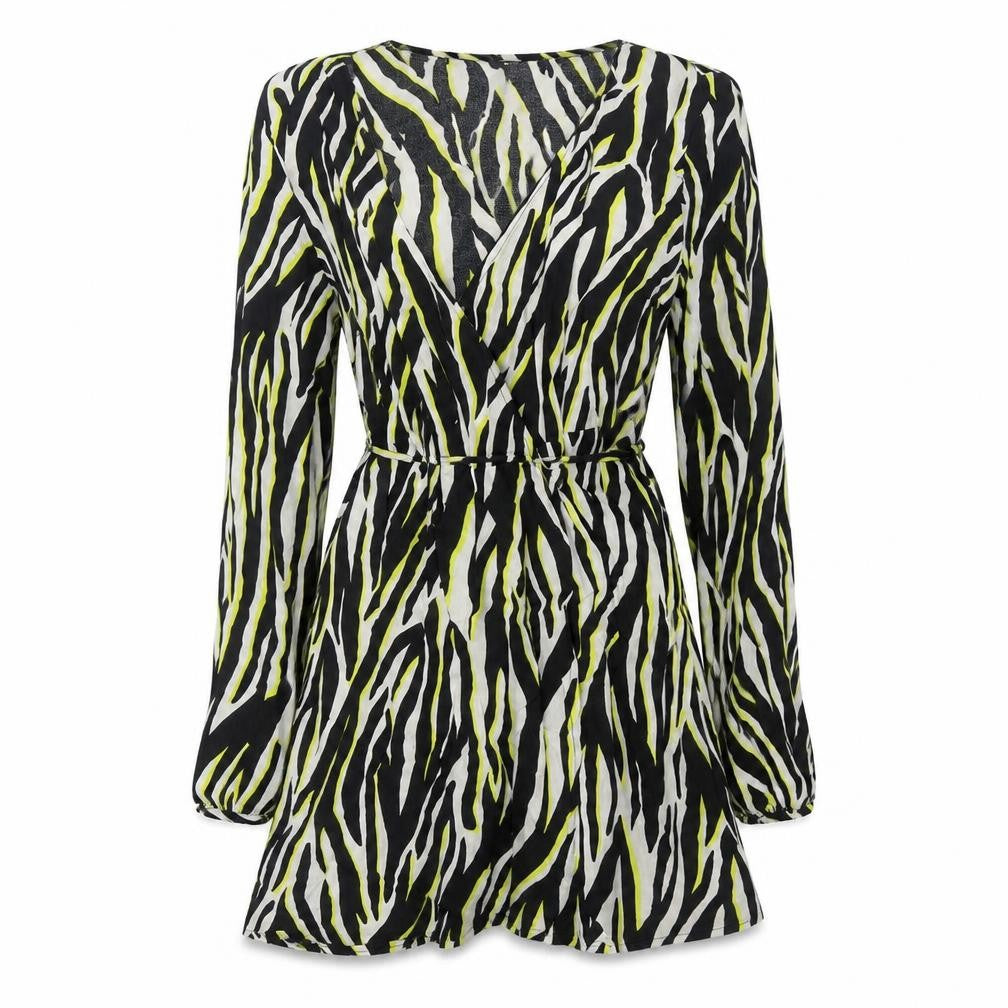 New Look Womens Black Animal Print Viscose Wrap Dress Size 8 V-Neck Tie - Tiger Print