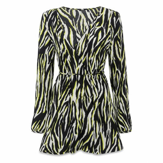 Front view of New Look women’s black animal print viscose wrap dress, size UK 8, v-neck tie - tiger print