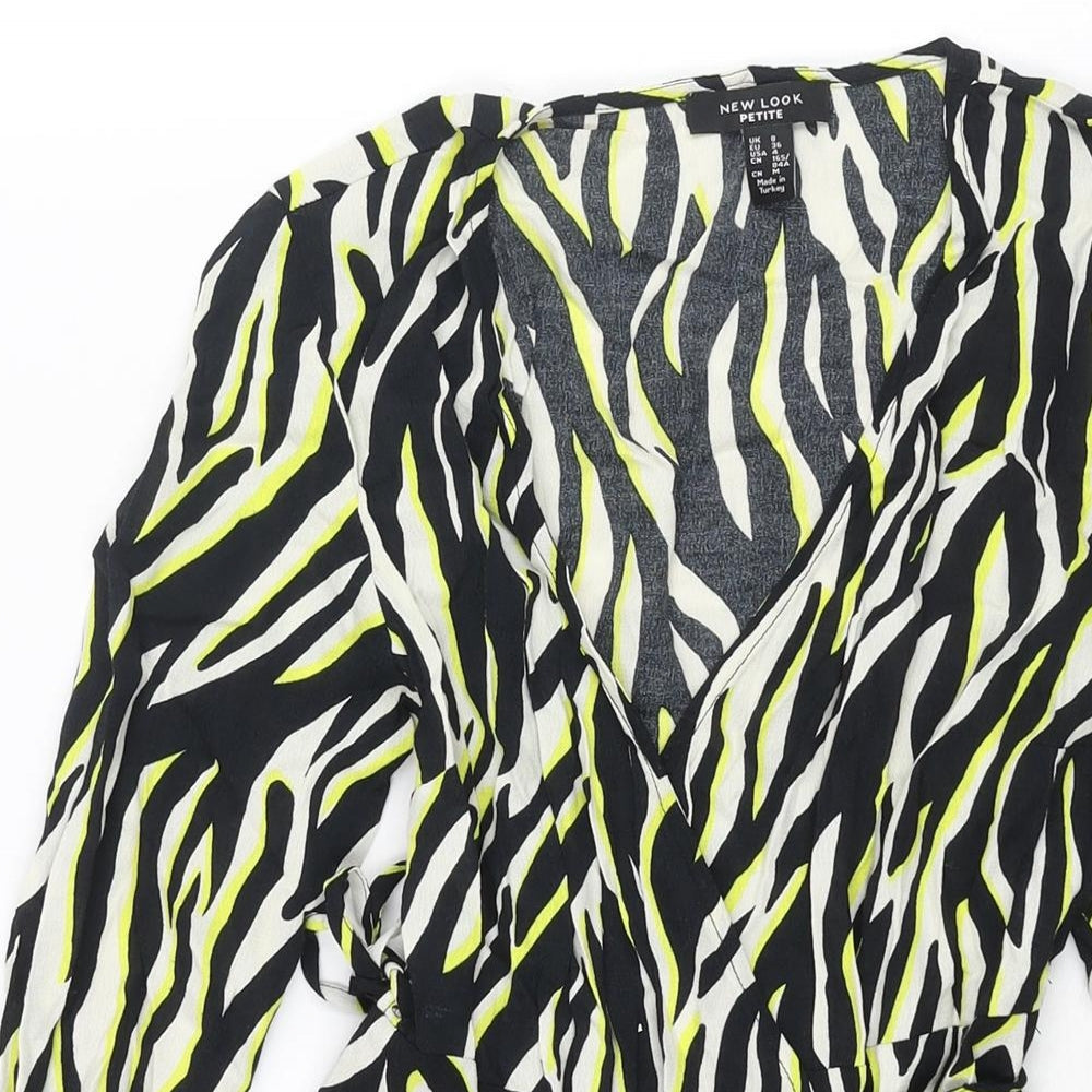 New Look Womens Black Animal Print Viscose Wrap Dress Size 8 V-Neck Tie - Tiger Print