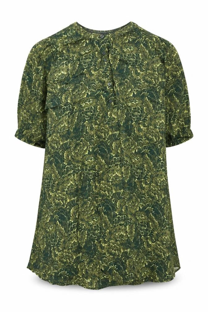 Front view of Next women’s green floral viscose shift, size UK 16, round neck button