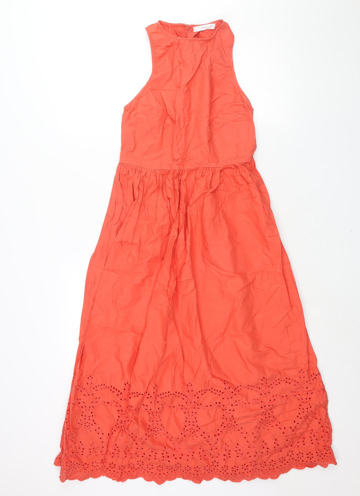 Mango Womens Red Cotton Sheath Size S Round Neck Button - Embroidered Hem