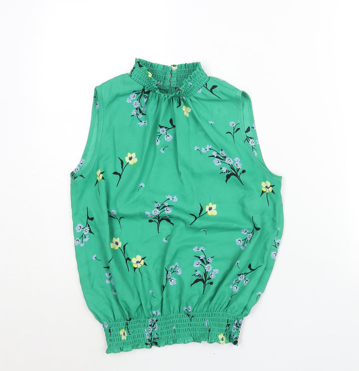 Dorothy Perkins Womens Green Floral Polyester Basic Blouse Size 8 Mock Neck - Rouched