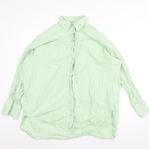 Stradivarius Womens Green Check Cotton Basic Button-Up Size L Collared - Oversized