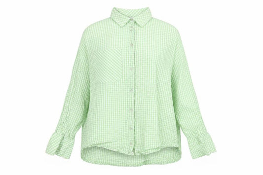 Front view of Stradivarius women’s green check cotton basic button-up, size L, collared - oversized