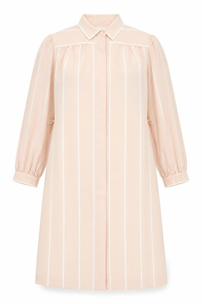 Front view of Jeunesse women’s pink striped polyester shift, size UK 12, collared button - vintage