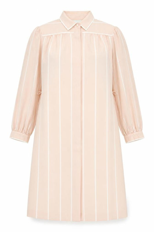 Front view of Jeunesse women’s pink striped polyester shift, size UK 12, collared button - vintage